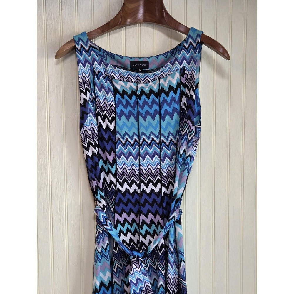 Voir Voir Dress Womens 16 Blue Chevron‎ Sleeveless Belted Midi Tank Jersey